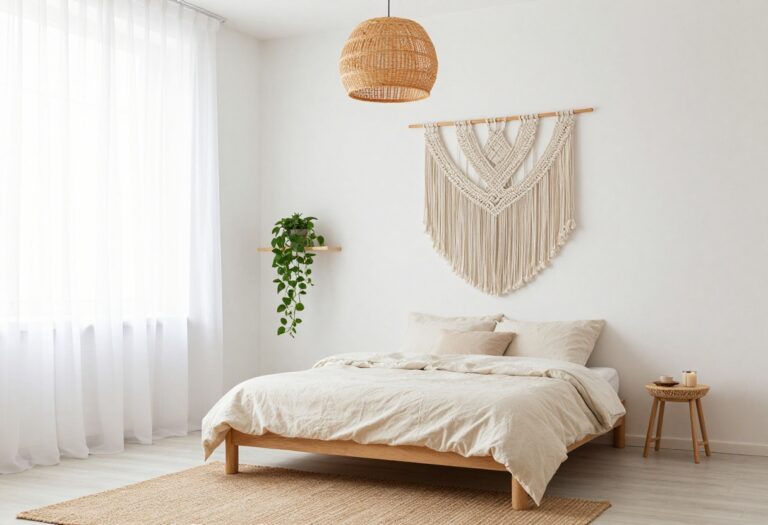 Light and airy boho girls bedroom with macrame wall hanging, rattan pendant light, and jute rug