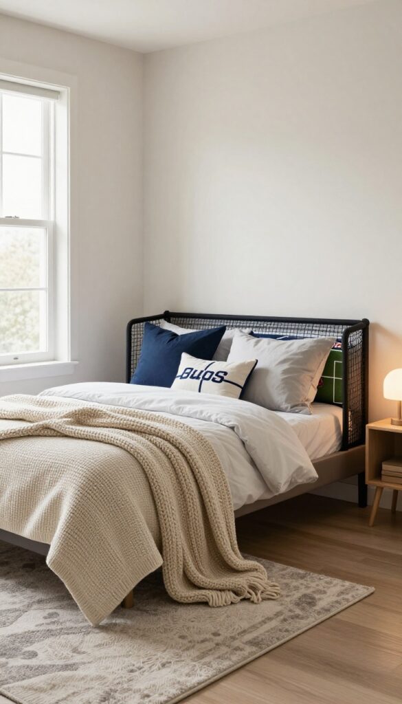 Cozy sports stadium themed boys bedroom with goal-shaped headboard and team color accents