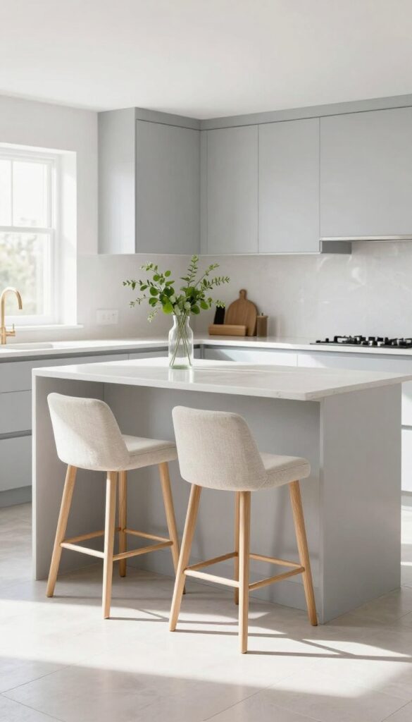 Light grey kitchen island with slim backless bar stools in pale linen and light oak