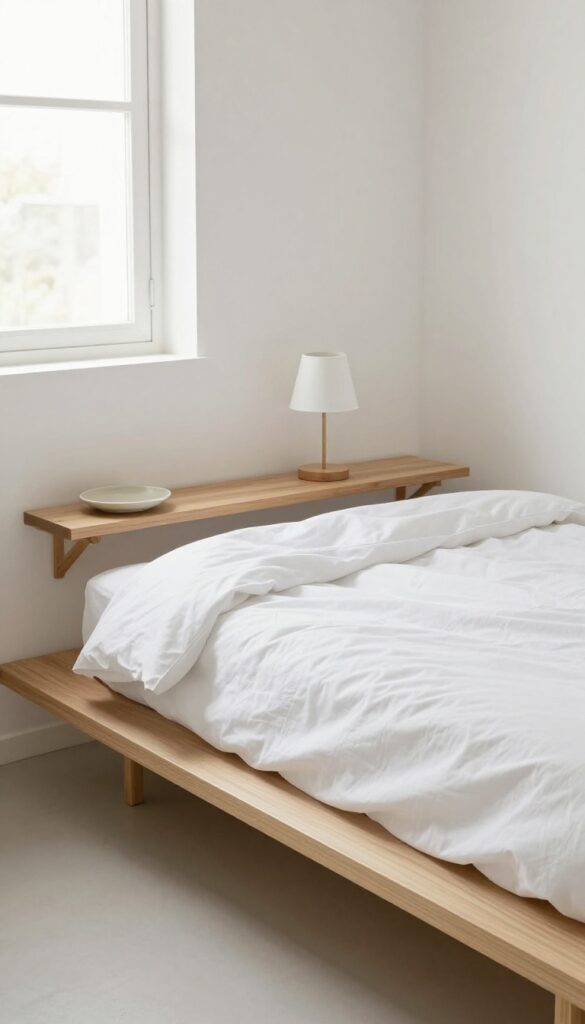 Small bedroom with a slim wall-mounted nightstand, lamp, and ceramic dish beside a low bed, bright natural light, clean and airy decor.