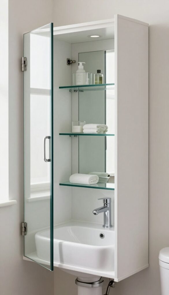 A mirrored medicine cabinet with interior organizers in a small luxury guest toilet, reflecting light and providing hidden storage.
