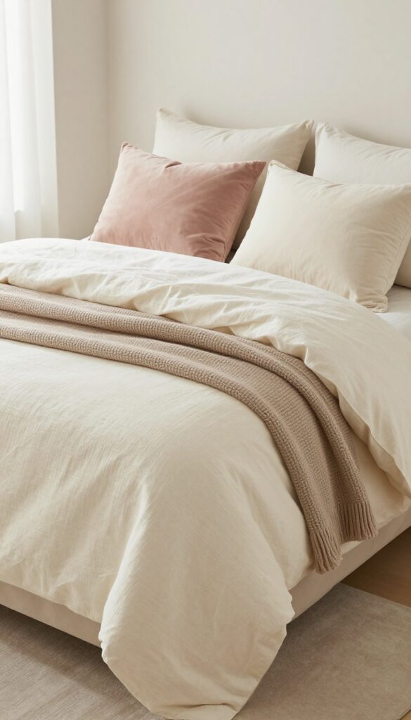 Small bedroom bed with layered textured bedding including linen duvet, knit throw, and velvet pillows in cream, taupe, and blush tones.