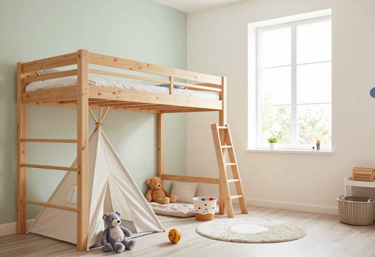 Small kids bedroom with loft bed and play nook underneath, featuring a teepee and toy storage