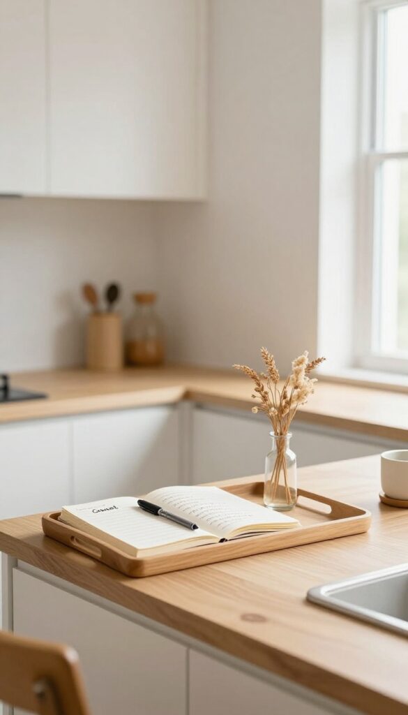 Cozy kitchenette counter with wooden tray, guest book, and dried flowers in natural light