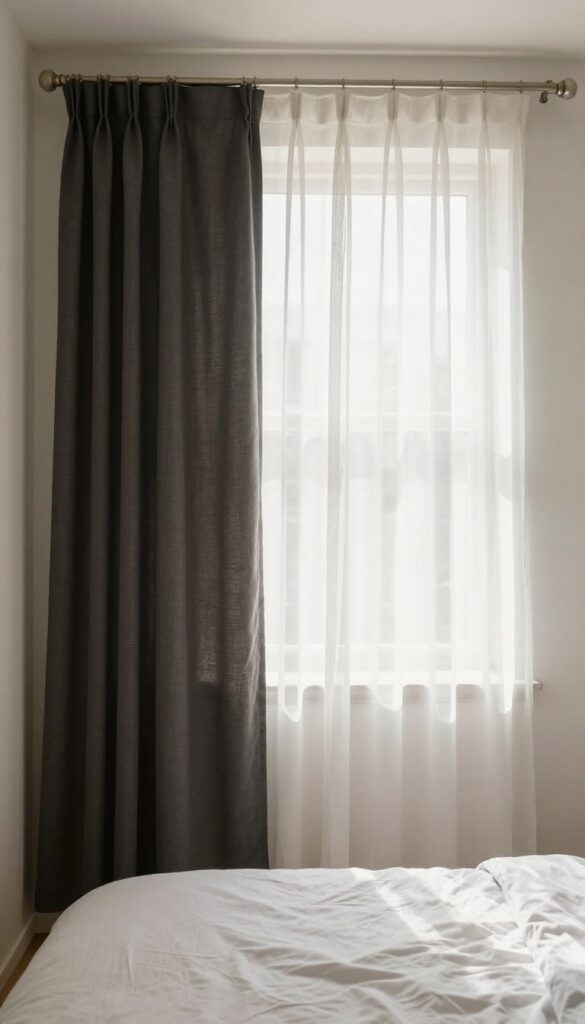 Small bedroom with layered blackout and sheer curtains, charcoal and white, puddled on floor, natural light, boho style.