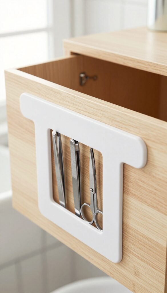 Magnetic strip mounted inside cabinet door holding metal grooming tools in a bright guest bathroom