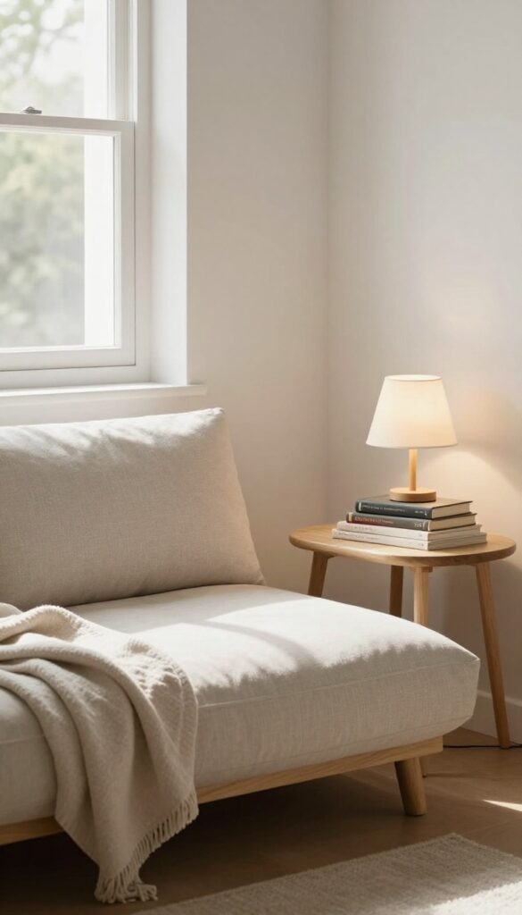 Cozy reading nook in a small bedroom corner with floor cushion, books, and lamp, bathed in natural light.