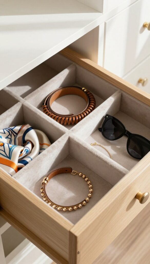 Custom drawer dividers organizing accessories in a shallow drawer