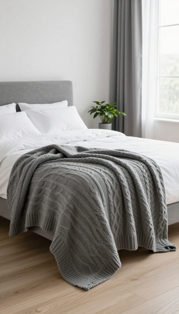 A grey chunky knit throw blanket draped over the foot of a bed in a bright, minimalist bedroom with natural light.