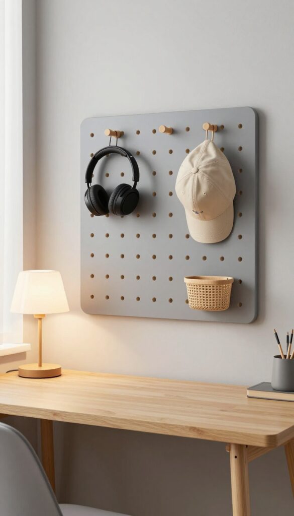 Pegboard wall organization above desk in preteen boy's bedroom with headphones, hat, and basket, painted to match wall color.