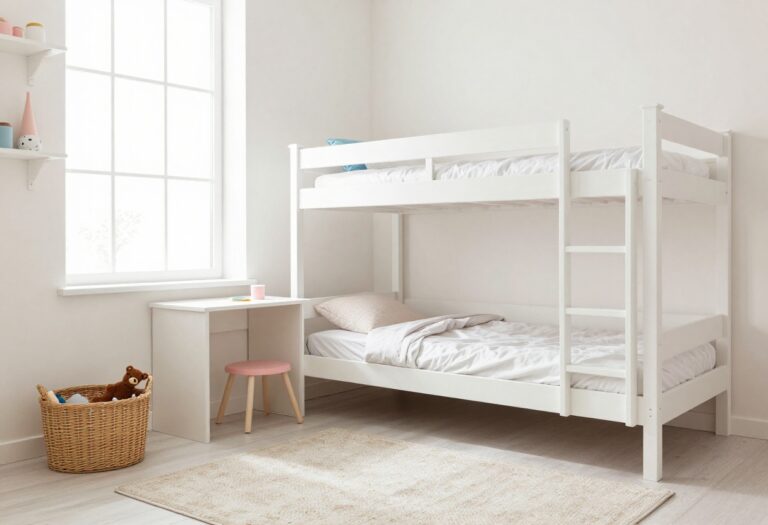 Light and airy small kids bedroom with loft bed, desk, and storage shelves