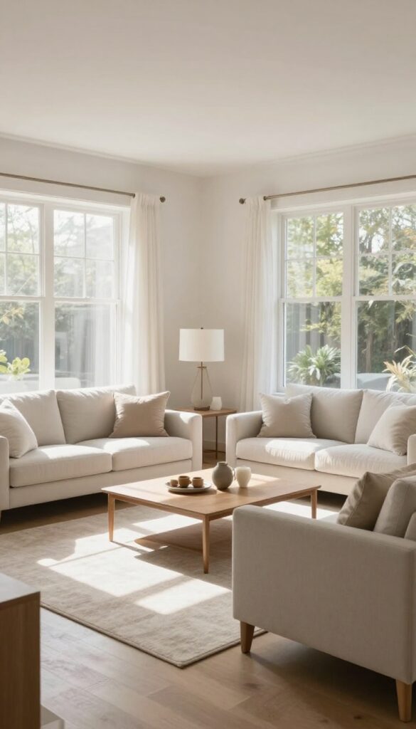 Floating furniture away from walls in a living room with a conversational layout, negative space, and a console table behind the sofa.