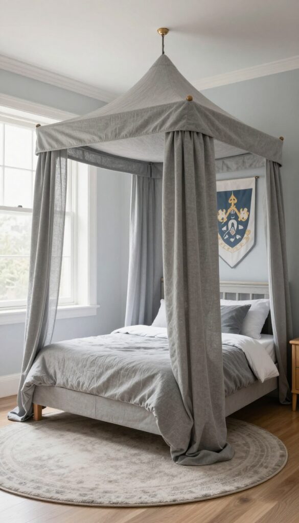 Cozy boys bedroom with gray canopy bed styled as a knight's castle, blue and gray decor, heraldic banner, and soft rug.
