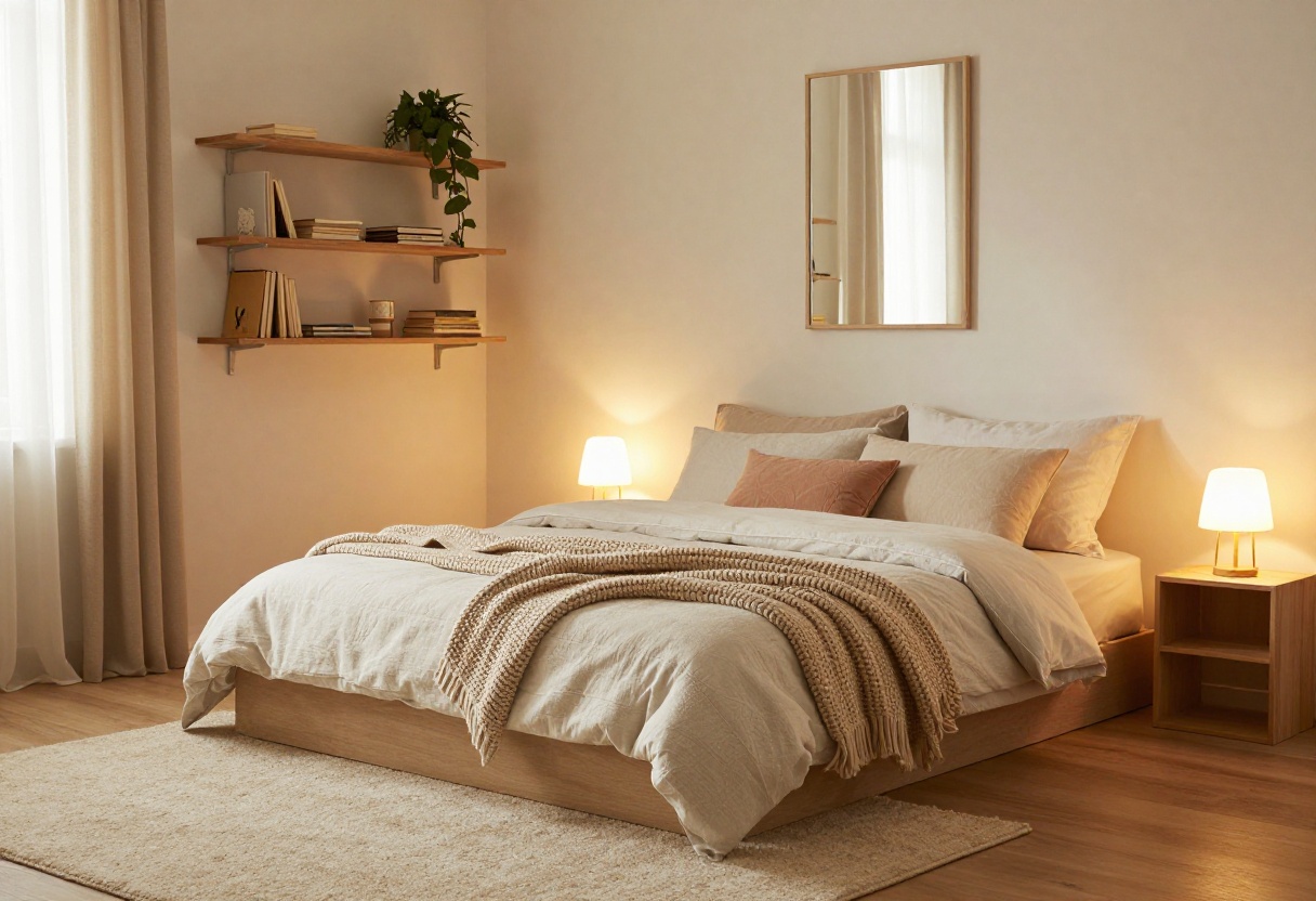 Cozy small bedroom with layered bedding, floor lamp, and floating shelves