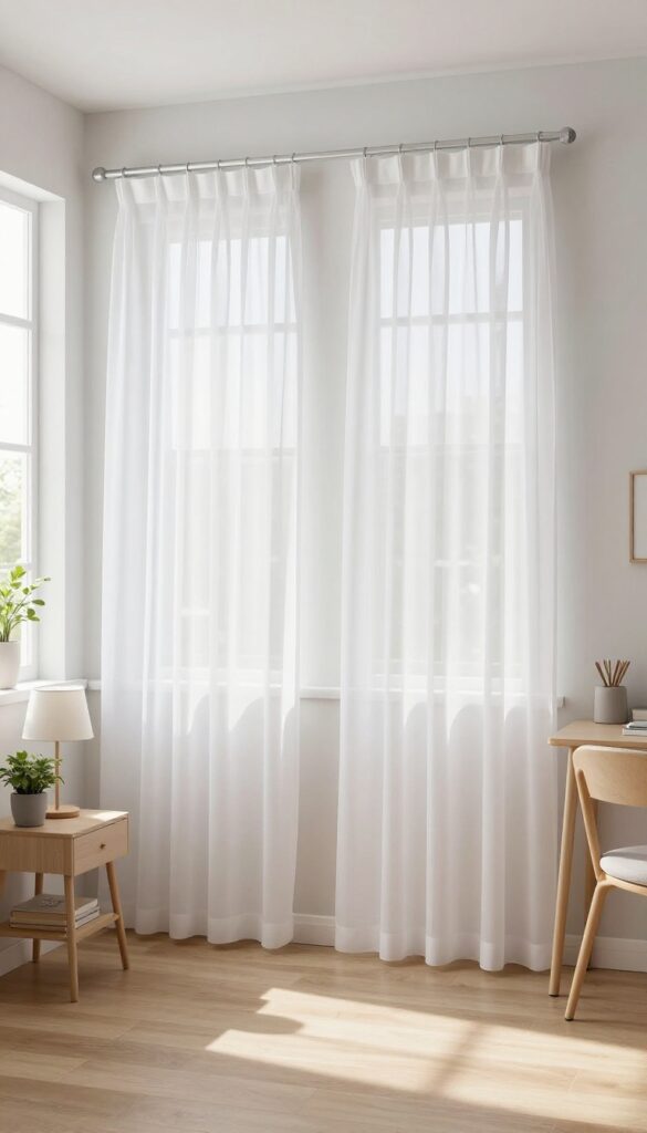 Two girls bedroom with sheer curtain room divider creating separate zones