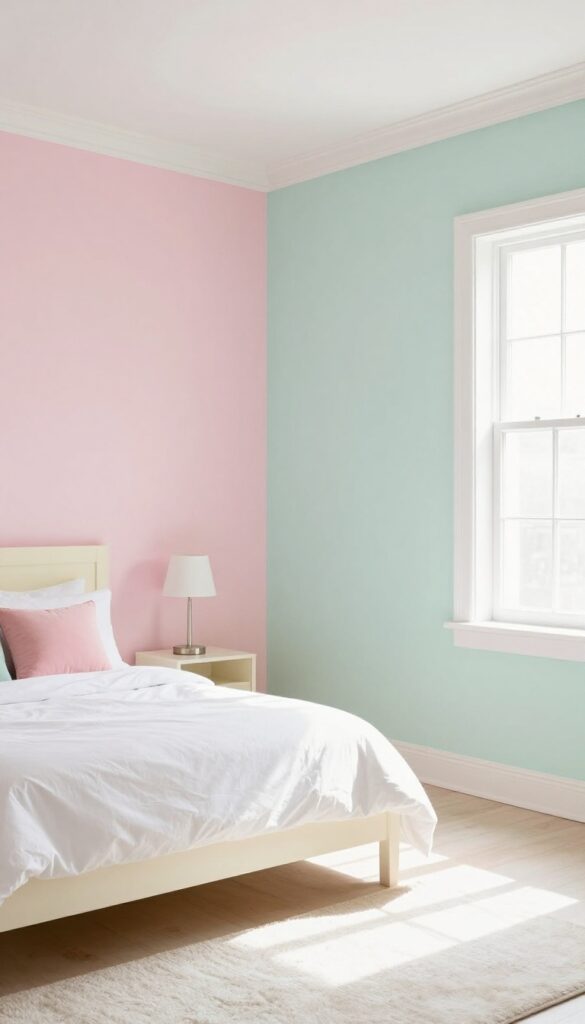 Pastel rainbow walls with white trim in a bright, airy bedroom