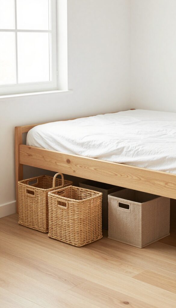 Small bedroom with under-bed storage baskets and bins, organized and tidy.