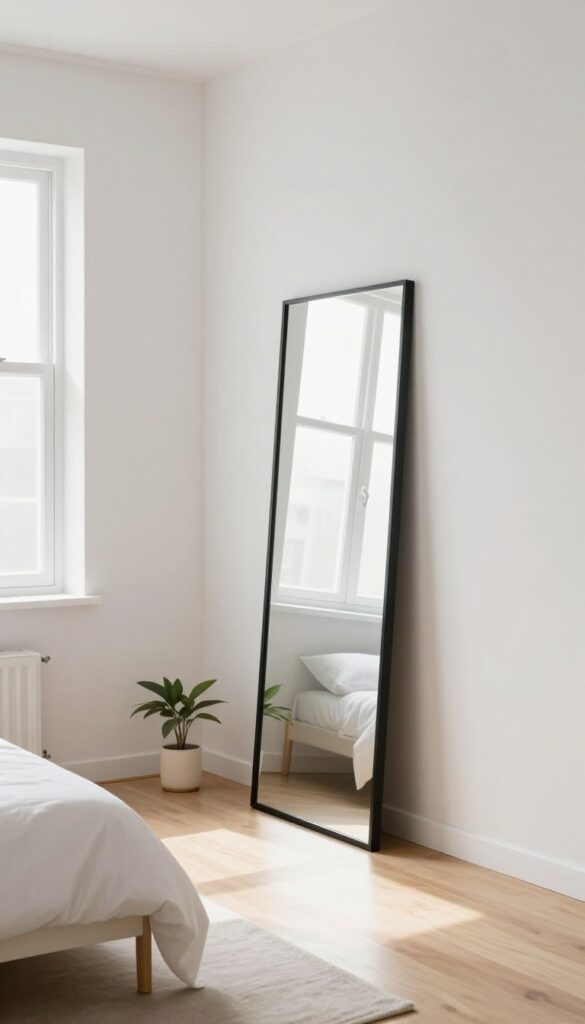 Oversized floor mirror with black frame leaning against wall in bright small bedroom, reflecting light, minimal decor