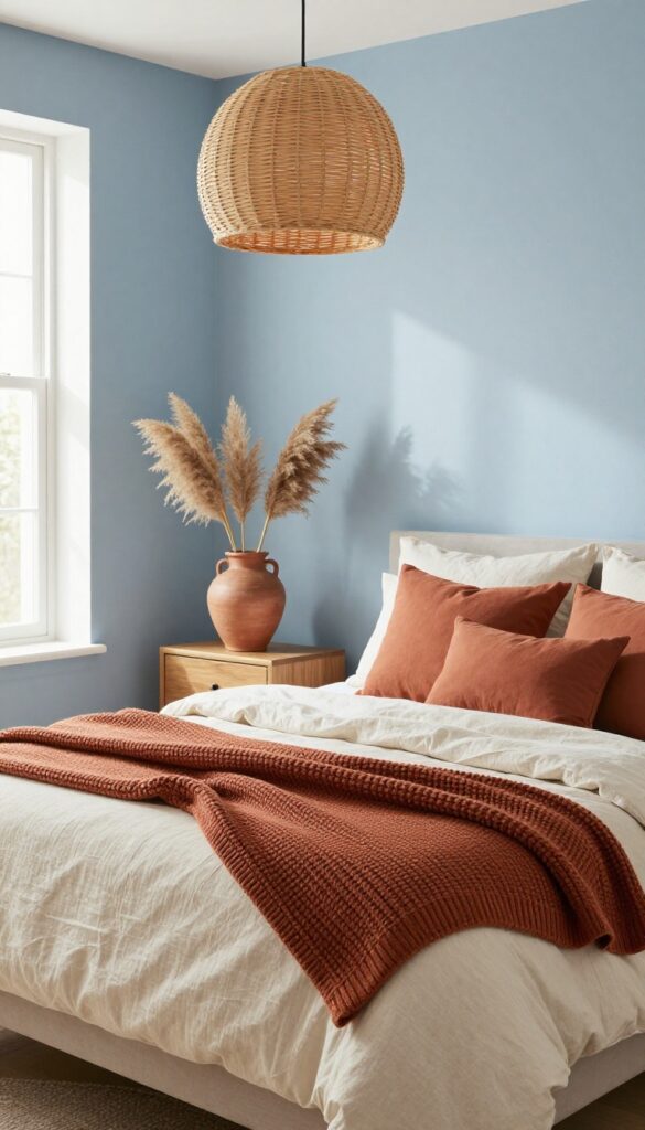 Dusty blue bedroom with terra-cotta accents, cream bedding, and warm wood furniture.