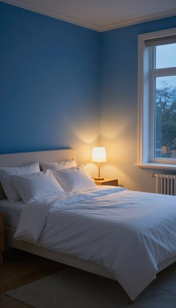 Blue bedroom with warm lighting from lamps creating a cozy atmosphere