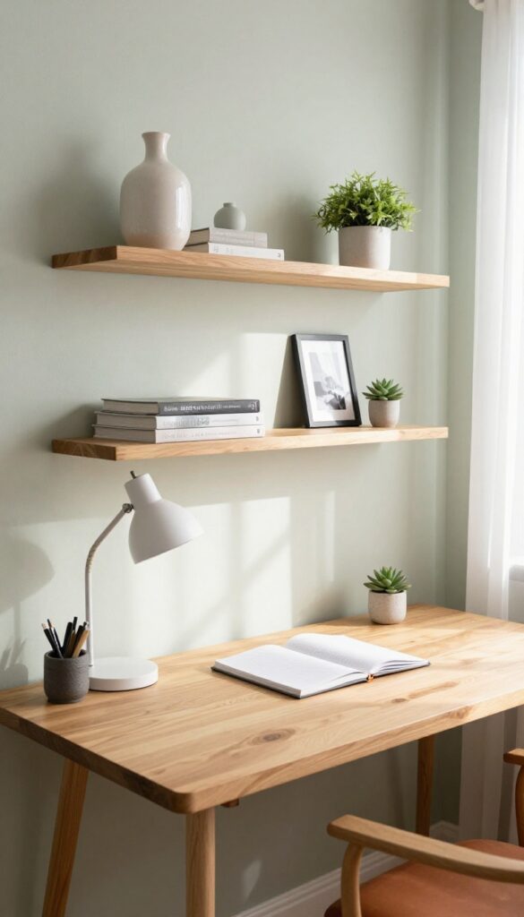 Floating shelves above a desk in a guest bedroom office, holding a mix of office supplies and decorative items, with a clear desk surface and natural light.