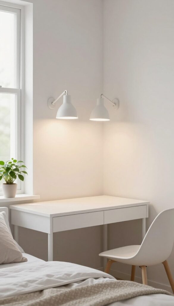 Wall-mounted sconces in a light and airy guest bedroom office