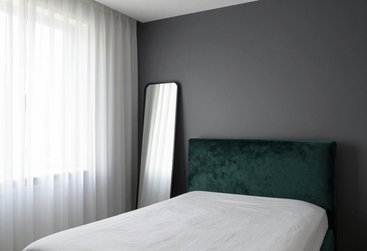 Small baddie bedroom with dark accent wall, sheer curtains, and velvet headboard