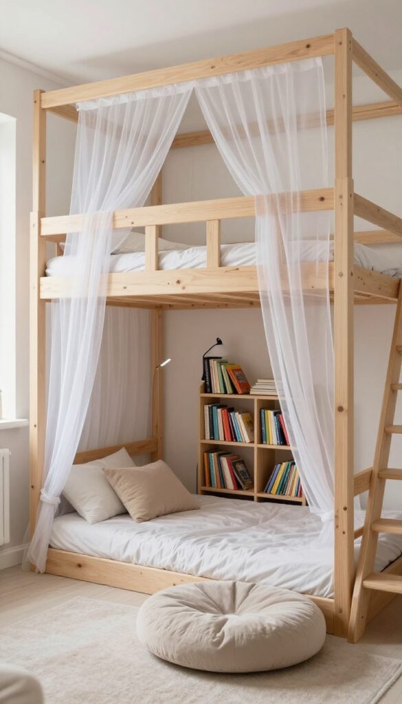 Loft bed with reading nook below featuring floor cushions, bookshelf, and canopy in a bright children's bedroom