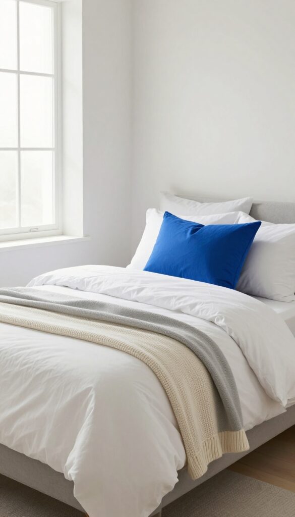 Boy's bed with layered neutral bedding and a single cobalt blue accent pillow, natural light, clean composition.