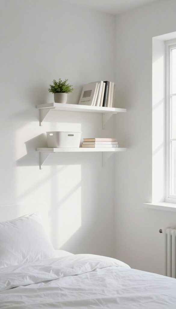 Floating white shelves with white bins above a bed in a bright, minimalist bedroom