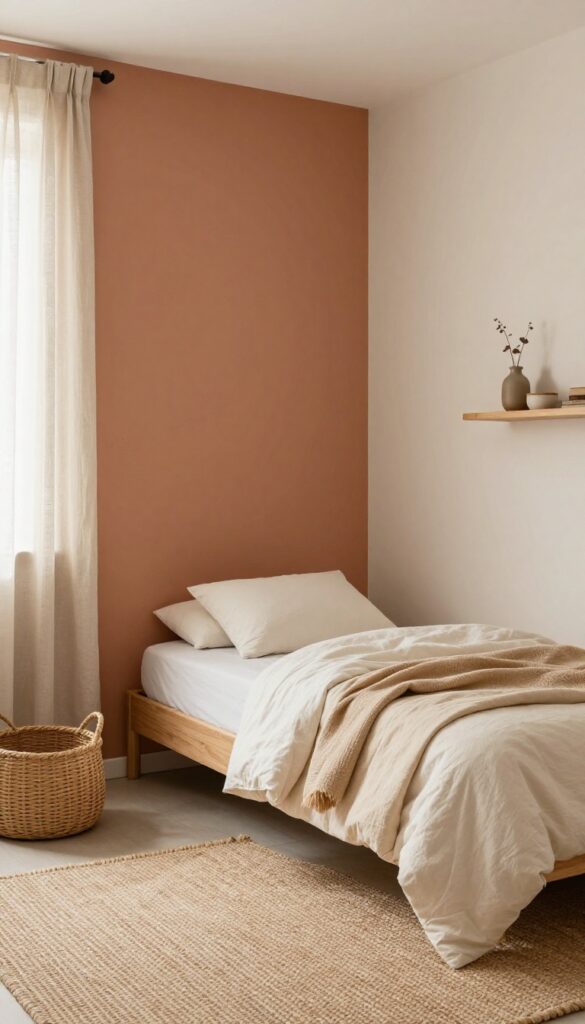 Boy's bedroom with warm terracotta accent wall, neutral bedding, natural textures, and bright natural light