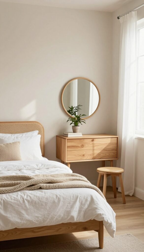 Small bedroom with cane headboard, rattan mirror, wooden dresser and stool, natural light, cozy and organic feel.