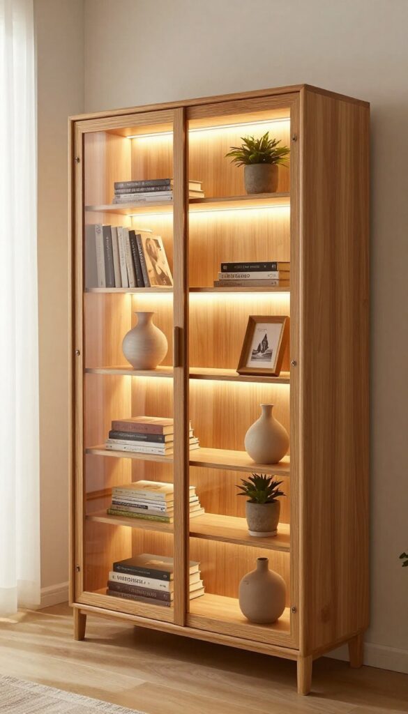 Modern living room cabinet with integrated warm LED lighting, glass doors, and styled decor on shelves.