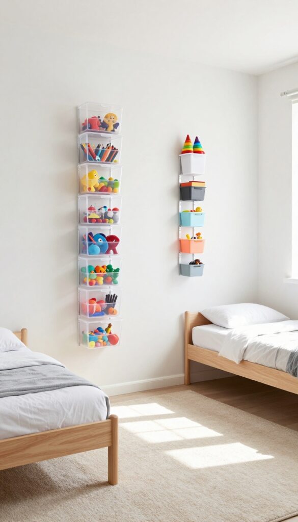 Vertical clear bin toy storage in a shared kids bedroom