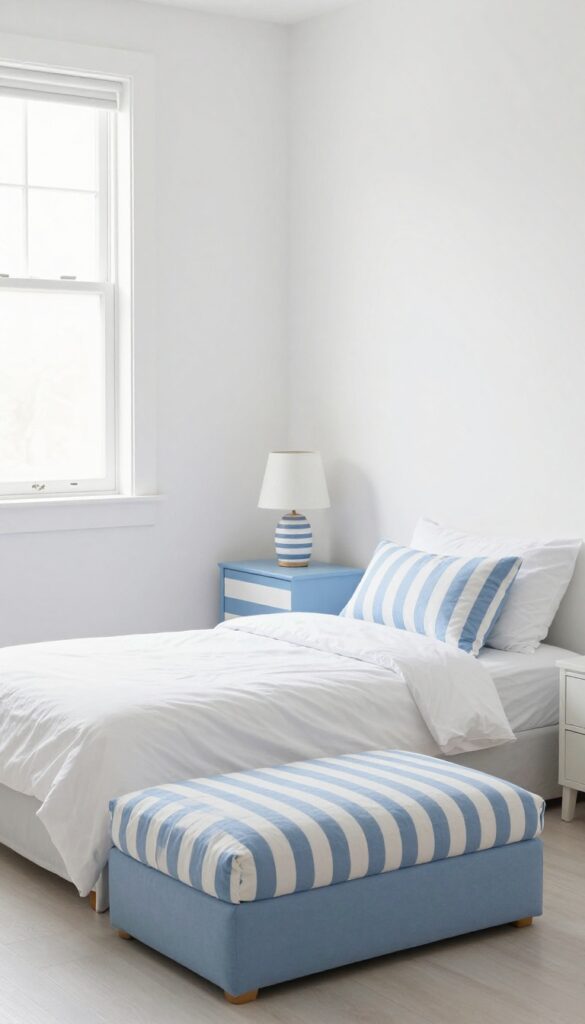 Small boy's bedroom with blue and white striped pillow, lamp shade, and ottoman