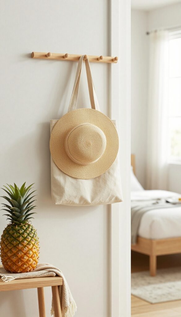 Small bedroom with a vertical peg rail holding a tote bag, sun hat, and scarf, creating a tidy and stylish storage solution.