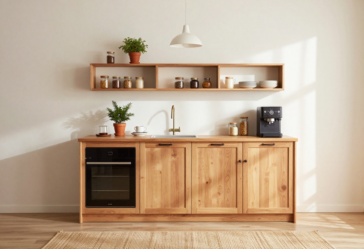 Cozy guest suite kitchenette with coffee station, open shelves, and warm lighting