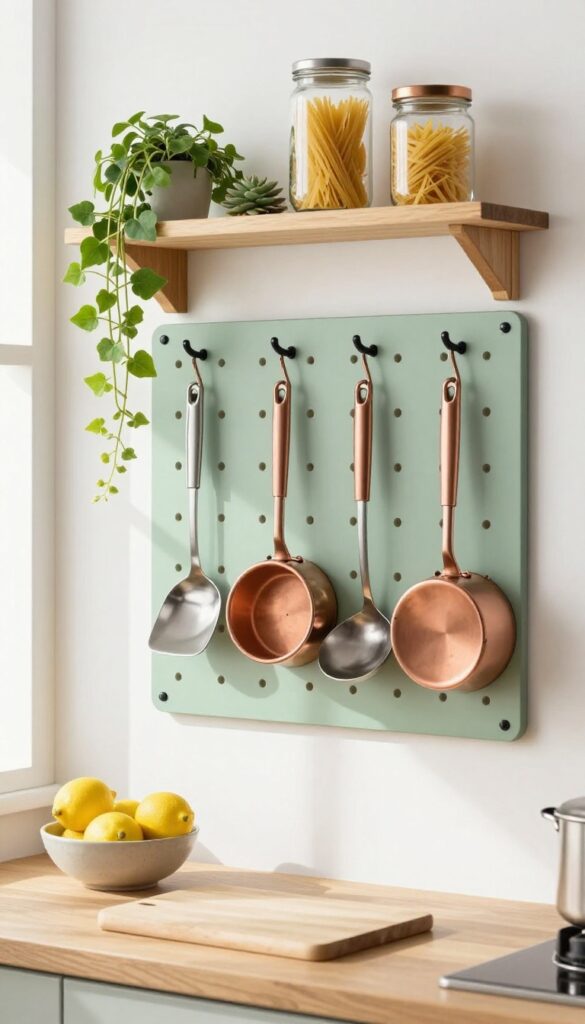 Mobile home kitchen with a sage green pegboard holding utensils and pots, bright natural light, clean countertop.