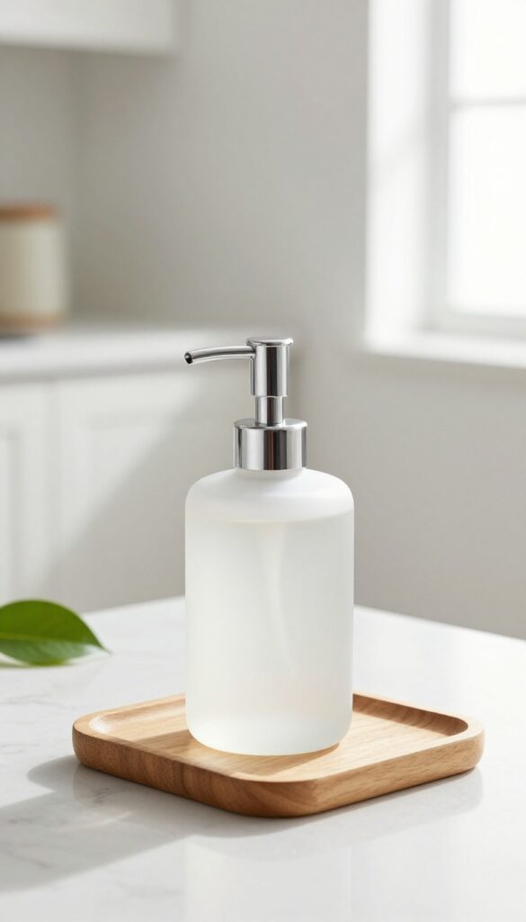 Frosted glass soap dispenser with silver pump on marble countertop in minimalist kitchen