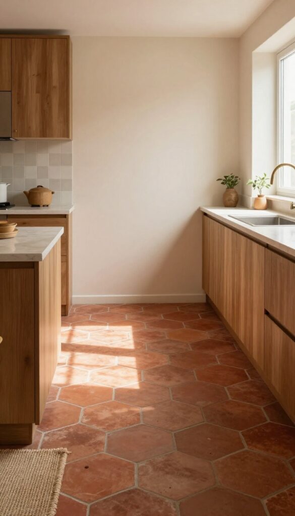 Hexagonal terracotta tiles in warm reds and oranges on a kitchen floor, paired with wooden cabinets and a jute rug, bathed in natural sunlight.