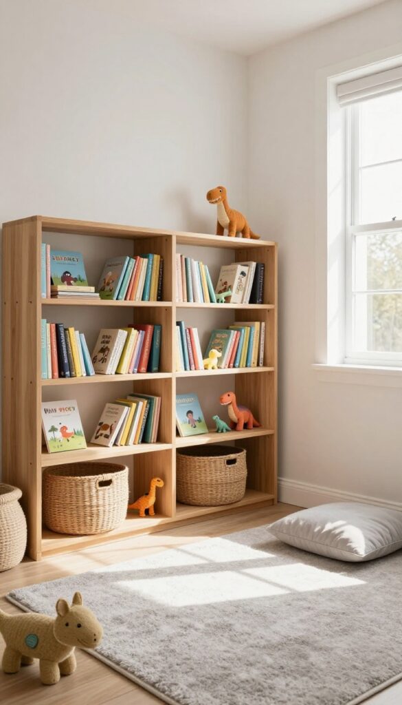 Shared bookshelf with individual baskets in a cozy kid's bedroom
