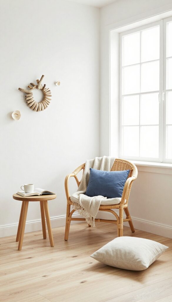 Cozy reading nook by the window in a coastal bedroom with rattan chair and side table