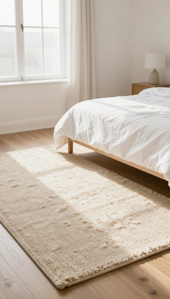 Neutral girls bedroom with chunky wool rug layered over jute base rug under bed, soft cozy layers