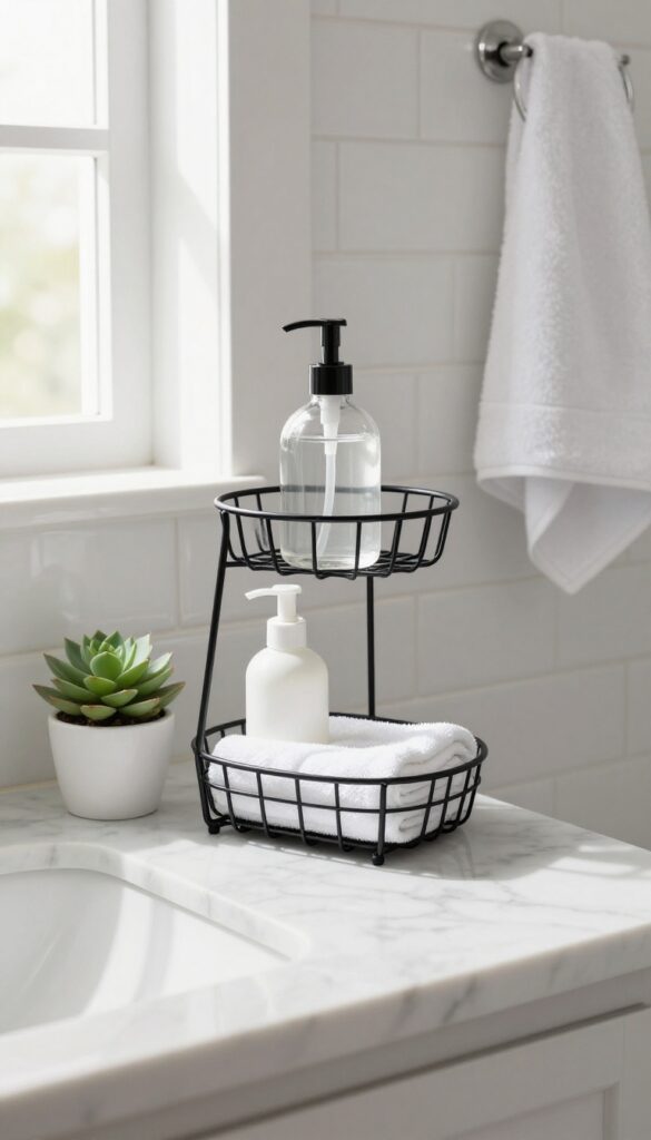 Guest bathroom counter with tiered wire basket organizer holding soap, lotion, and towel, plus a succulent, in bright natural light.