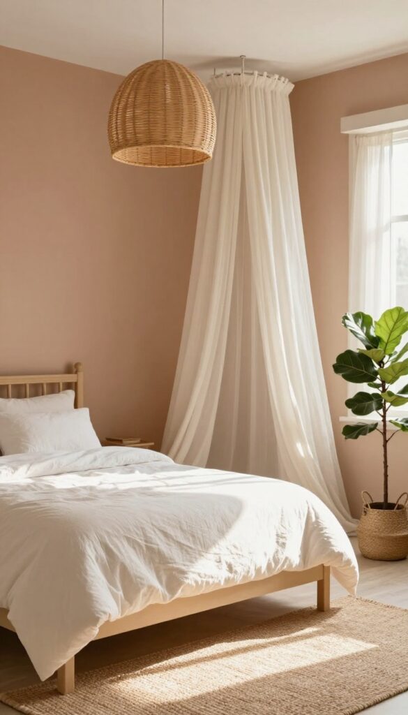 Girl's bedroom with soft terracotta walls, cream bed, rattan light, jute rug, and fiddle-leaf fig in natural sunlight.