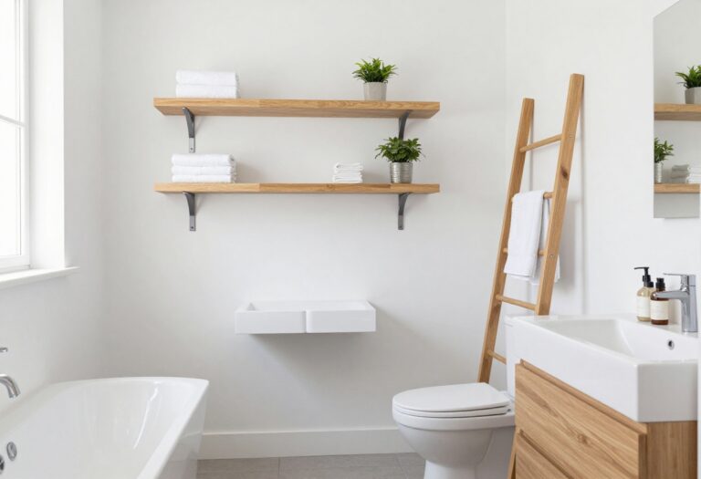 Bright guest bathroom with wall-mounted vanity, floating shelves, rolling cart, and ladder shelf for storage-smart decor.
