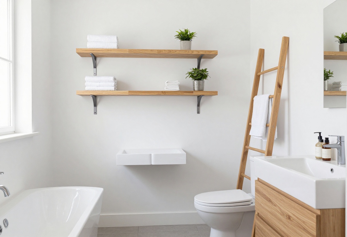 Bright guest bathroom with wall-mounted vanity, floating shelves, rolling cart, and ladder shelf for storage-smart decor.