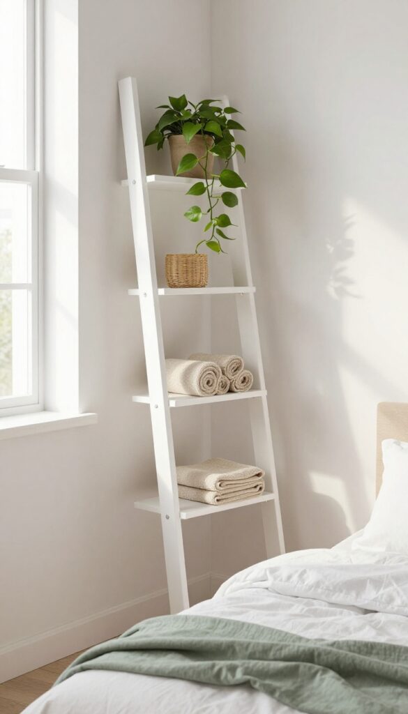 A wooden ladder shelf in a bedroom corner with baskets, a towel, and a trailing plant, bathed in natural light.