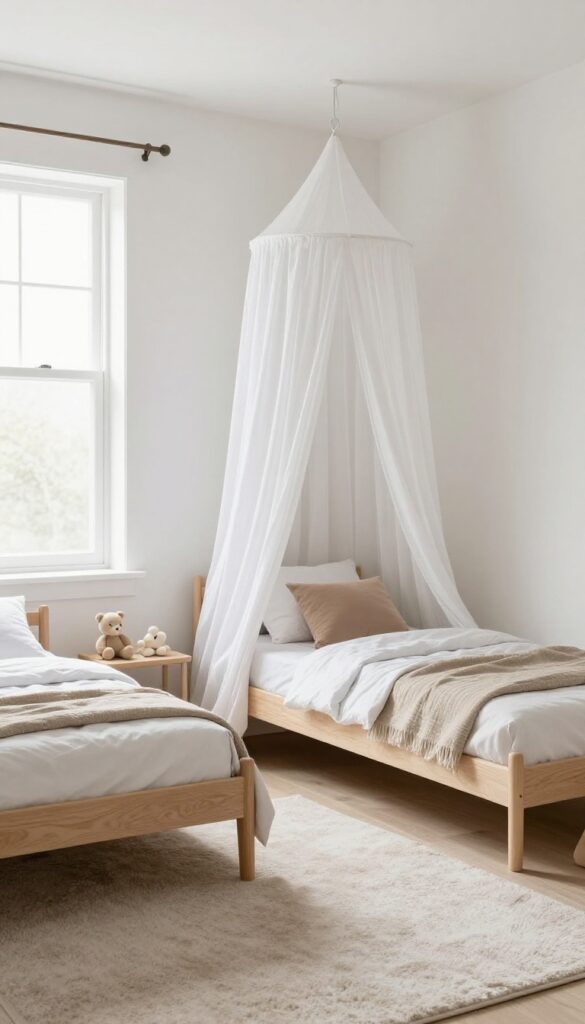 Cozy small bedroom with two beds, one with a white canopy, creating a private nook for a child.