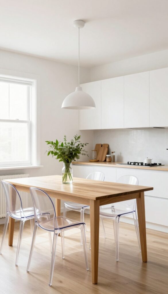 Open kitchen with lightweight dining furniture, slim wooden table with spindle legs and transparent acrylic chairs, pendant light, fresh greenery vase.